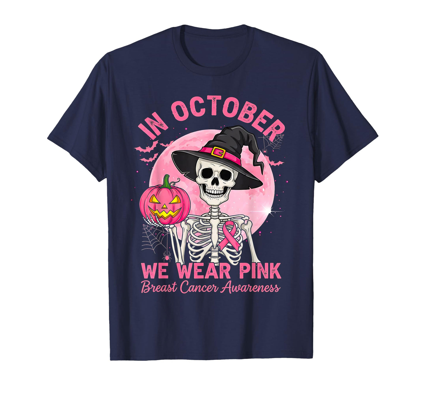 Halloween Breast Cancer Awareness Spooky Skeleton Witch T-Shirt