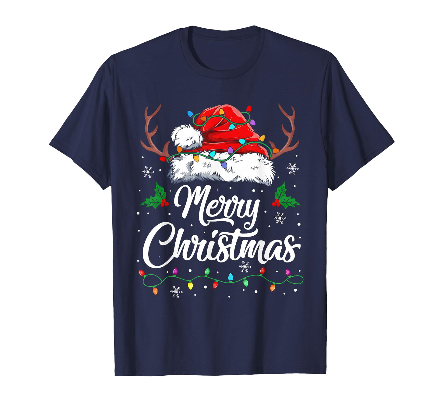 Merry Christmas Lights Red Santa Hat Xmas Family Men Women T-Shirt