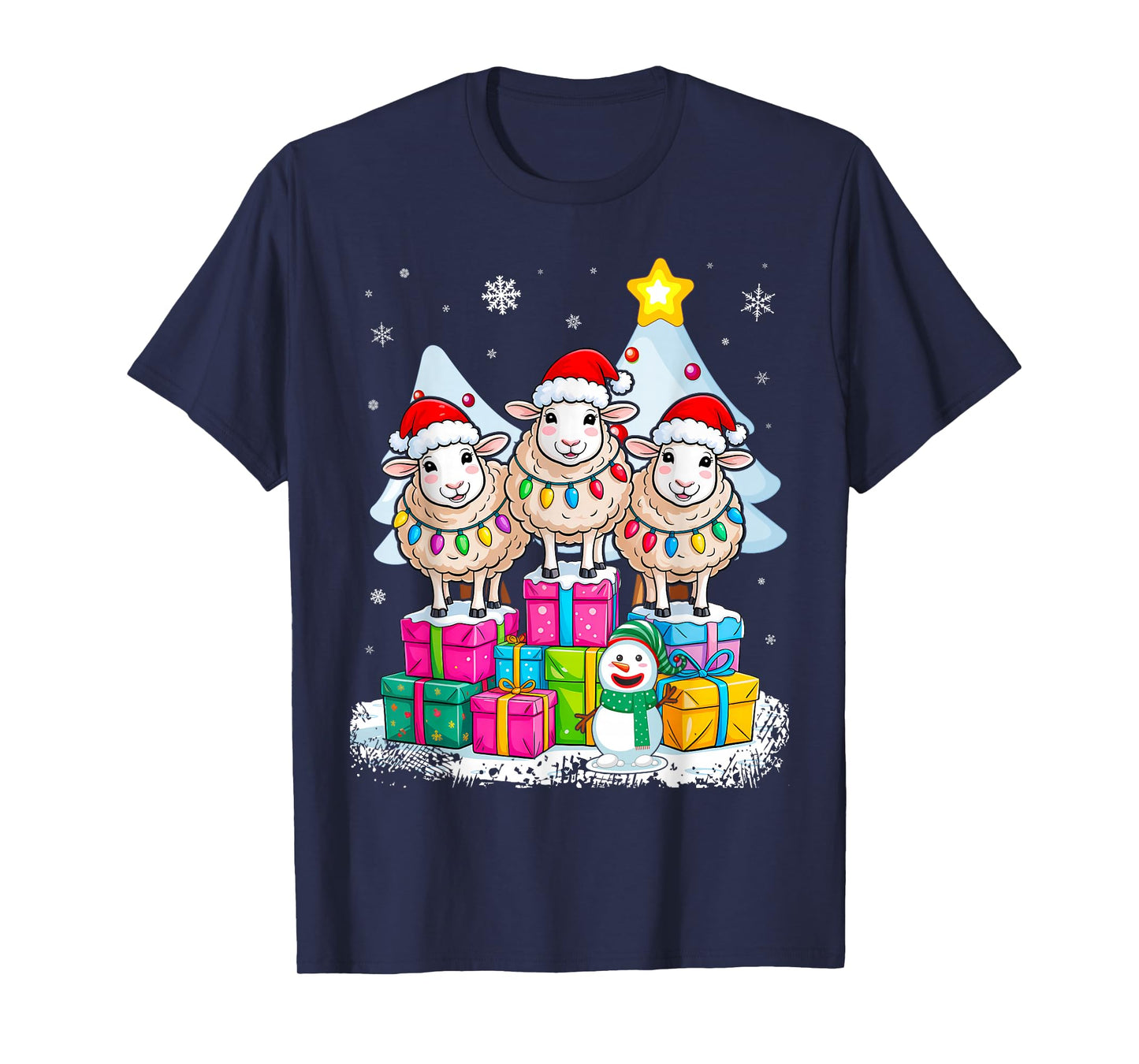 Santa Sheep Funny Christmas Lights Reindeer Farmer T-Shirt