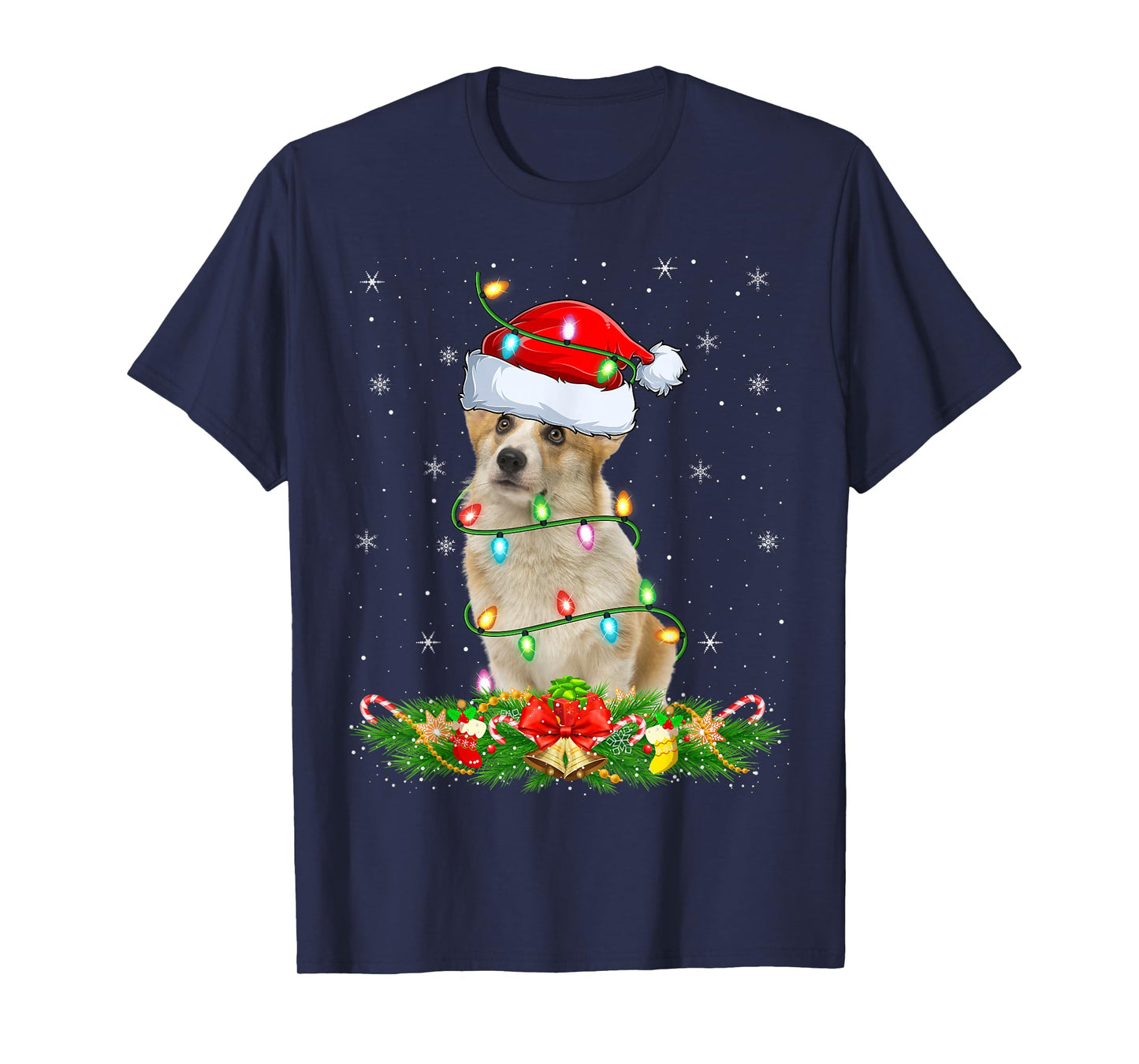 Welsh Corgi Dog Christmas Lights Funny Santa Hat Xmas T-Shirt