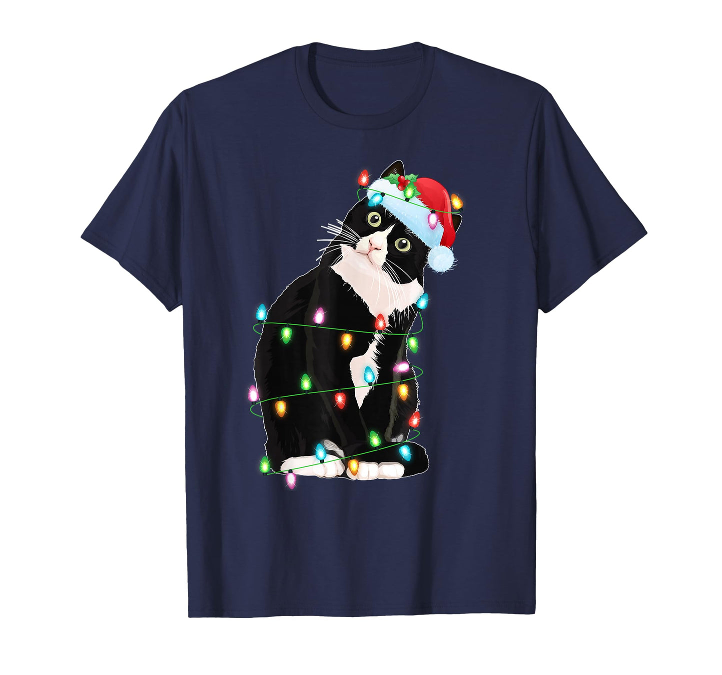 Black Cat Christmas Lights Funny Santa Hat Black Cat Xmas T-Shirt