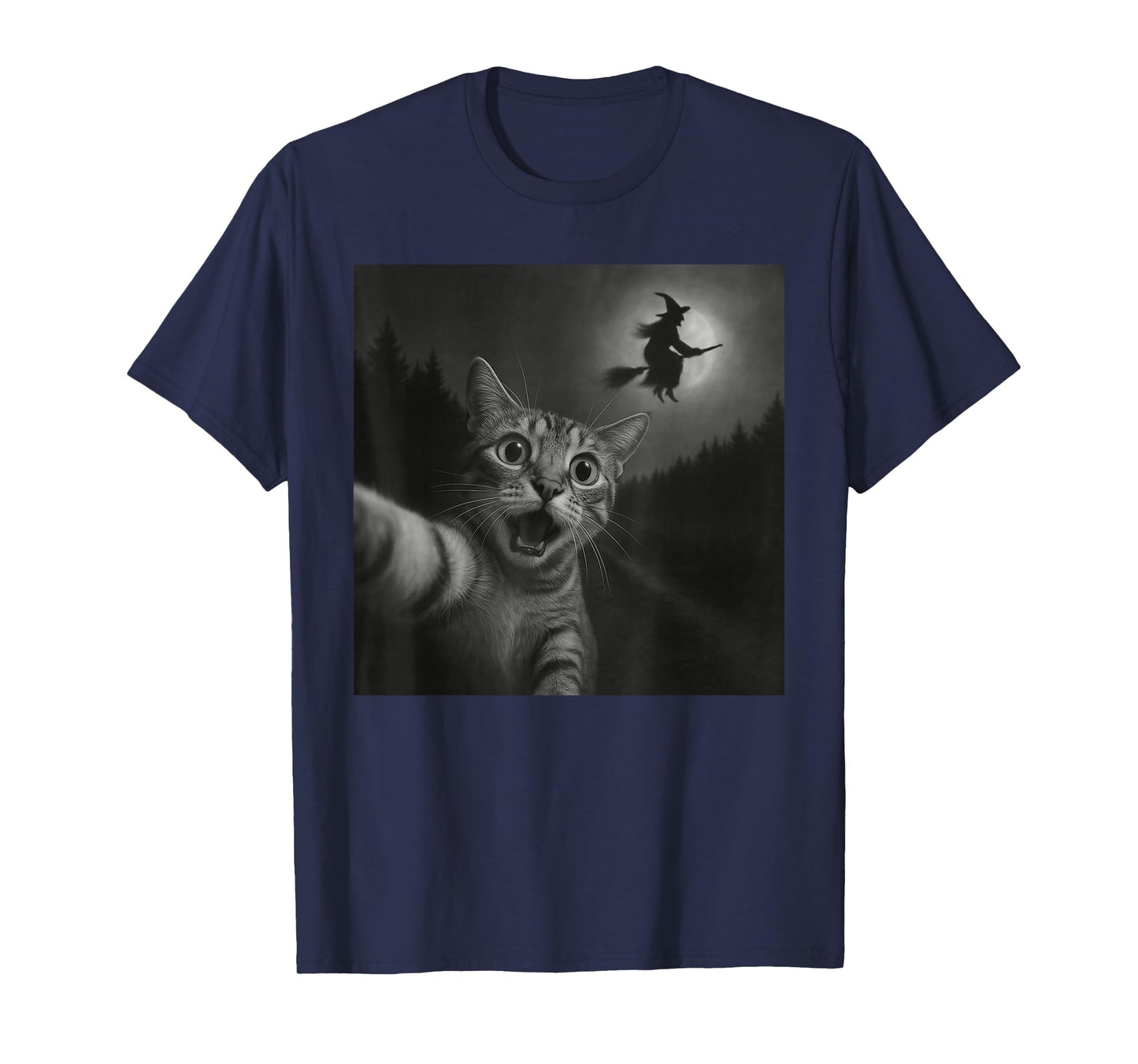 Funny Halloween Surprised Scared Cat Selfie Witch Broomstick T-Shirt
