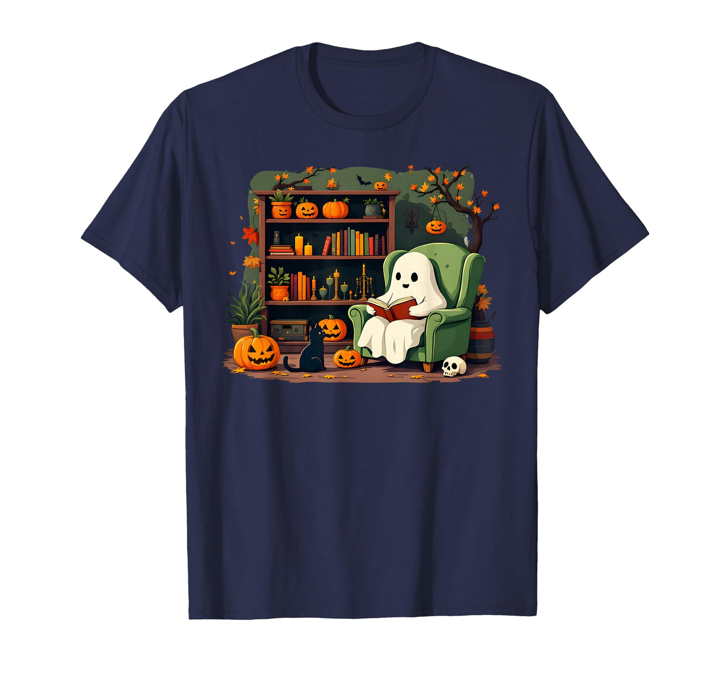 Ghost Library Reading Books Halloween Men Women Kids T-Shirt