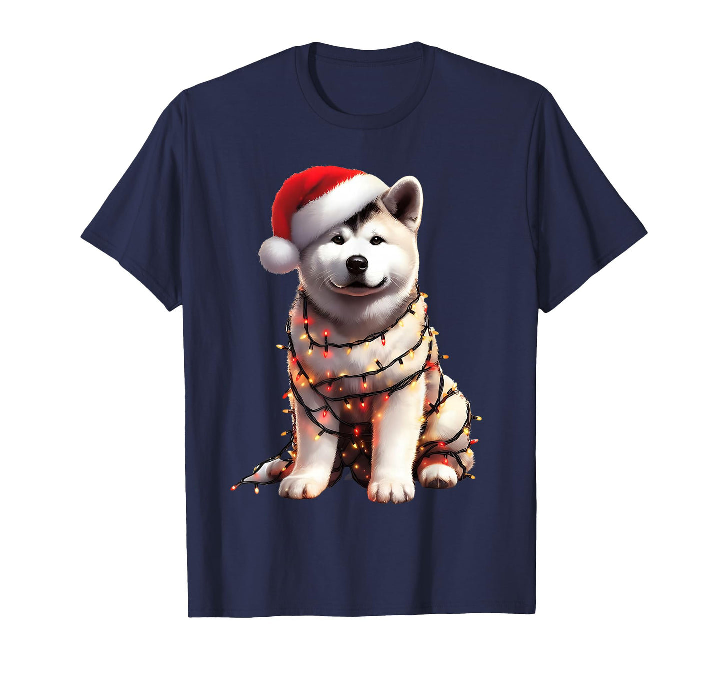 Akita Dog Christmas Lights Santa Hat Dog Lover T-Shirt