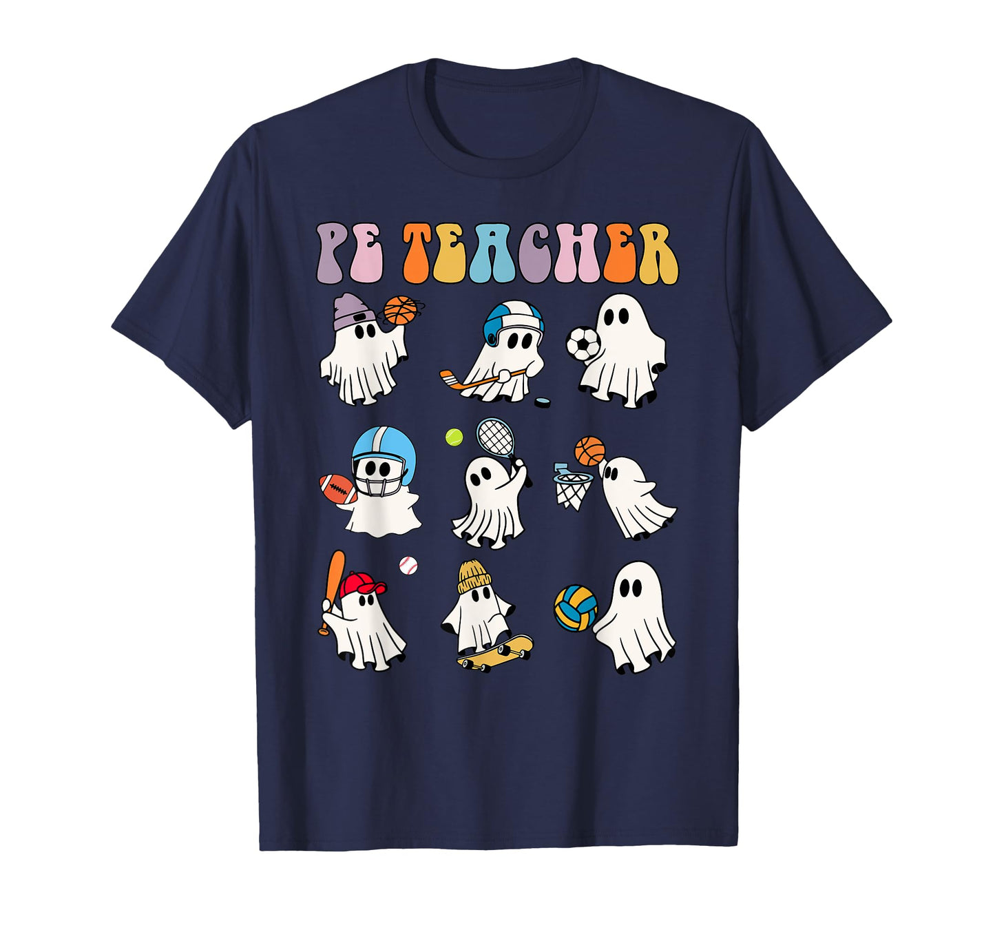 Halloween PE Teacher Ghost Playing Soccer Football Baseball T-Shirt