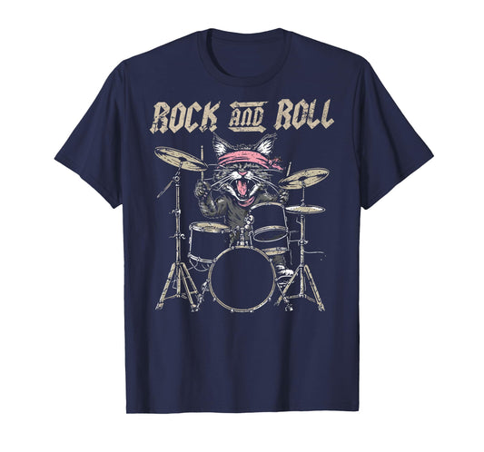 Rock and Roll Cat Drum Vintage ROCK Cat Drummer (ART BACK) T-Shirt for Men Women Kids