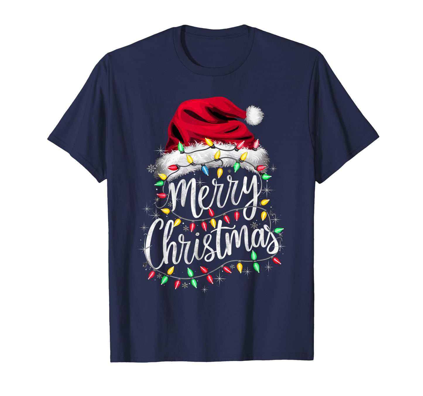Merry Christmas Lights Red Santa Hat Xmas Family Men Women T-Shirt