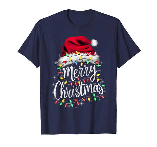 Merry Christmas Lights Red Santa Hat Xmas Family Men Women T-Shirt