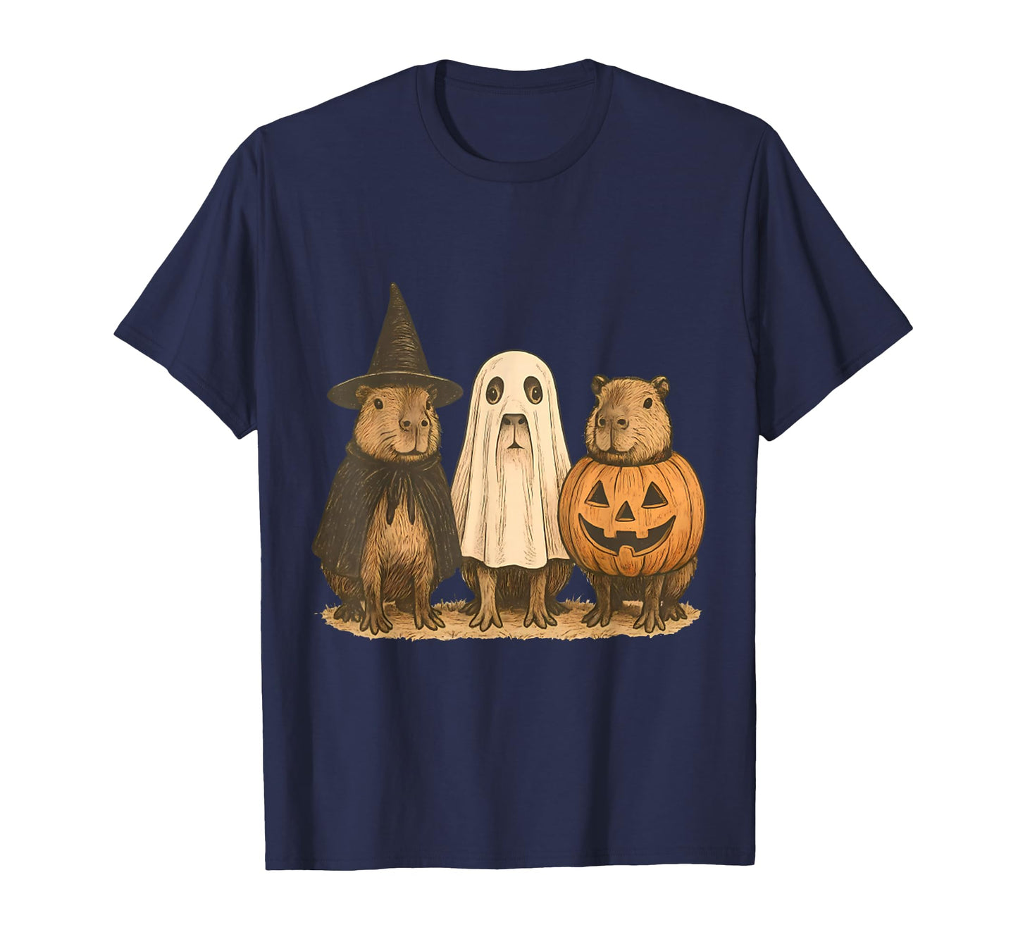 Vintage Cute Capybara Pumpkin Witch Halloween Spooky Season T-Shirt