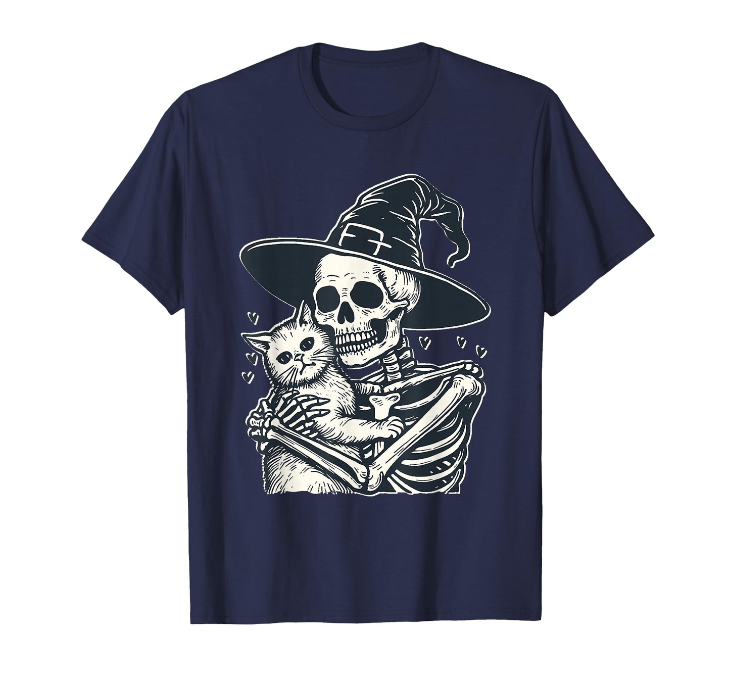 Skeleton Witch Hugging Cat Halloween Spooky Cat Lover Fans T-Shirt