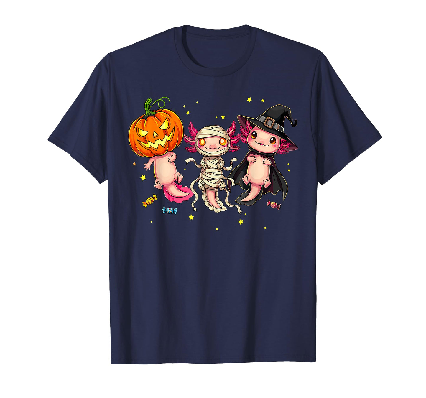 Axolotl Witch Pumpkin Mummy Halloween T-Shirt