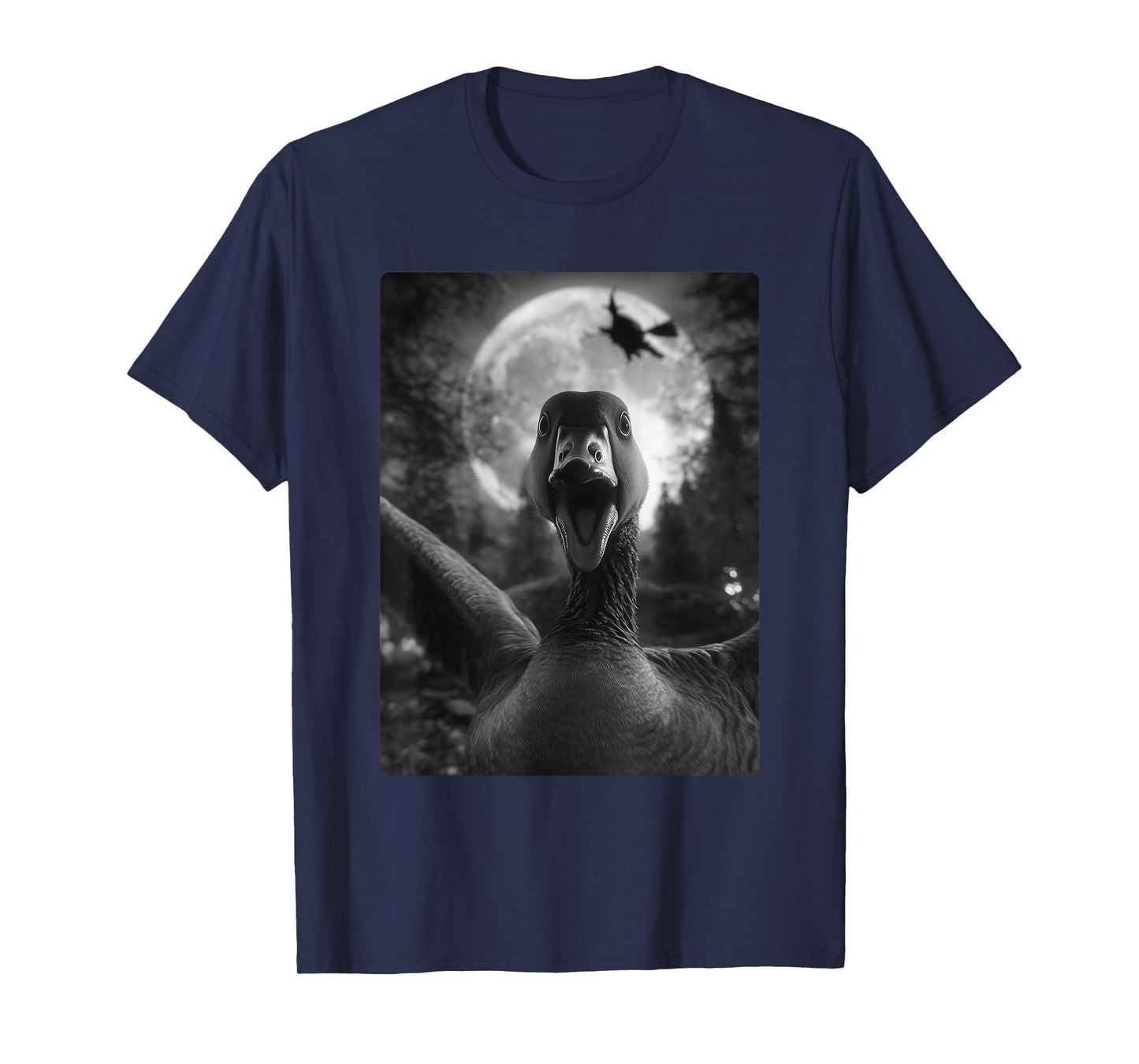 Funny Goose Selfie Full Moon Flying Witch Forest Halloween T-Shirt
