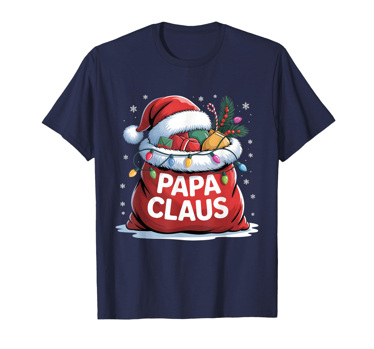 Sack of Toys Papa Claus Santa Hat Christmas Lights Men Dad T-Shirt