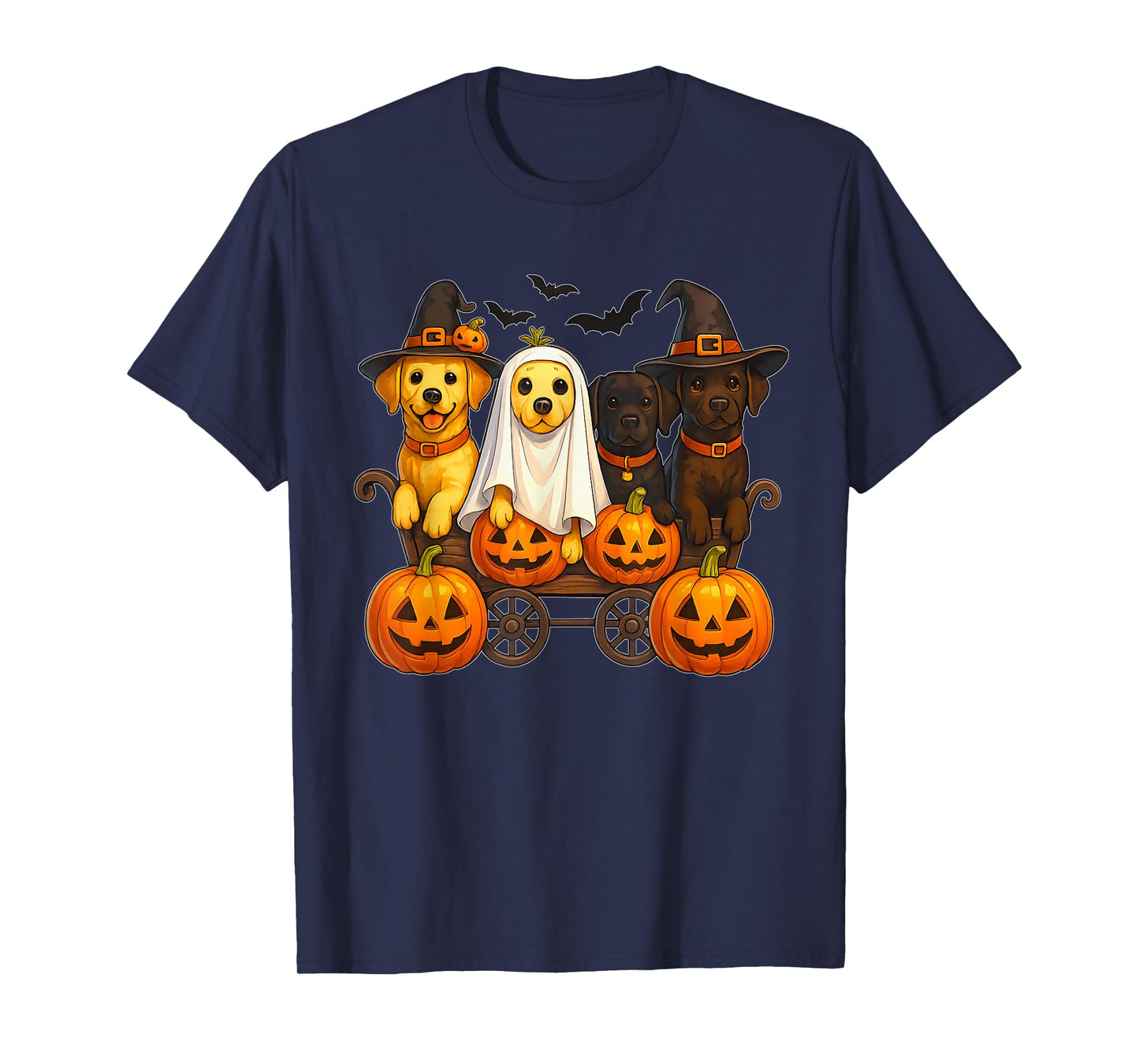 Halloween Retriever Dogs Ghost Witch Pumpkins Wooden Wagon T-Shirt