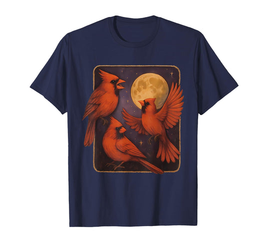 Vintage 3 Red Cardinal Bird Howling at The Moon Birdwatching T-Shirt