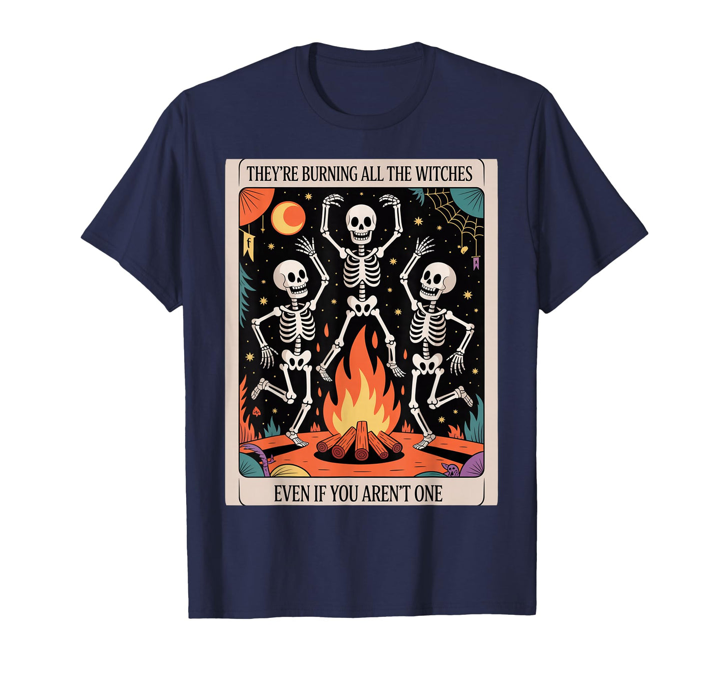 Burning Witches Skeleton Bonfire Tee – Gothic Halloween Taro T-Shirt