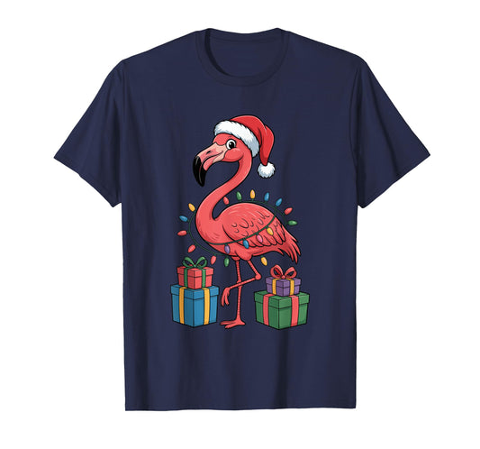 Flamingo Santa Hat Animals Lovers Ugly Christmas Pajamas T-Shirt