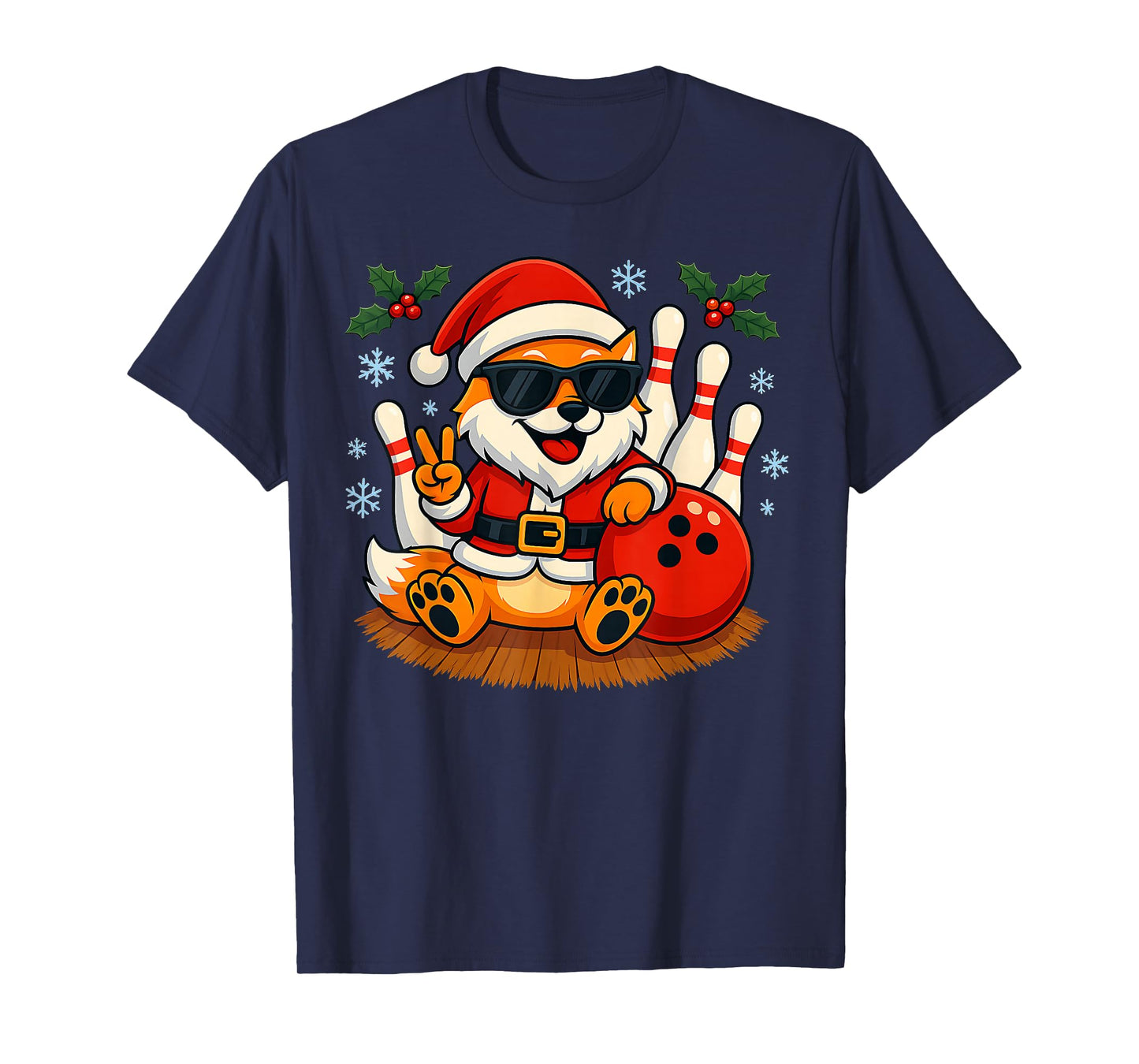 Santa Foxe Bowling Christmas Funny Holiday Vibes Men Women T-Shirt
