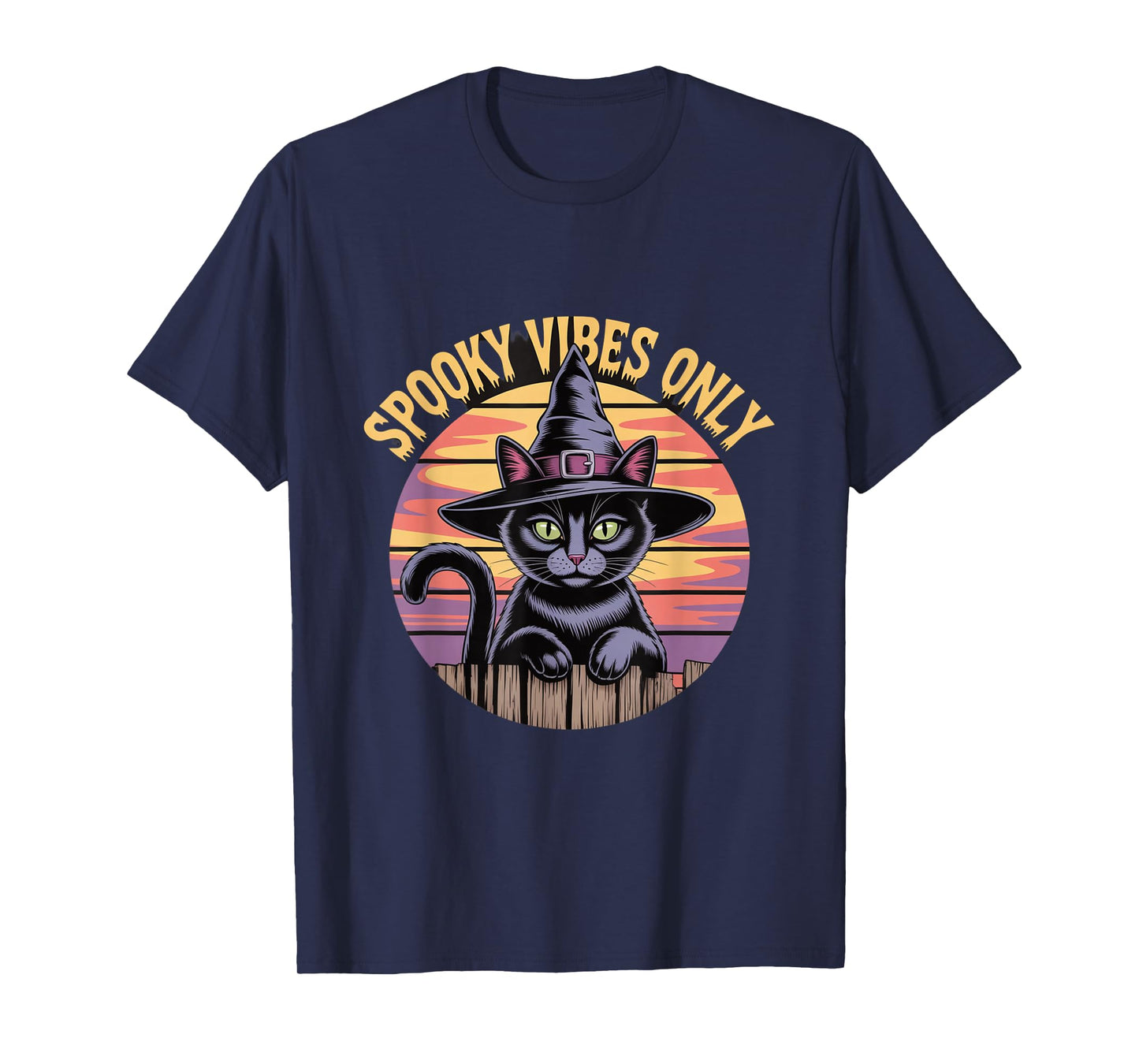 Spooky Vibes Only Cat Witch Hat Sunset Halloween T-Shirt