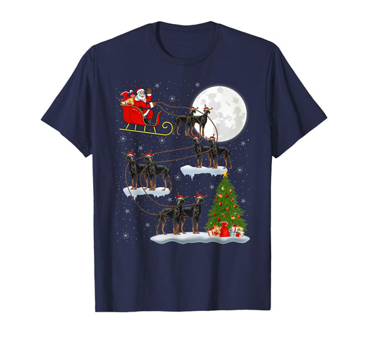 Doberman Pinscher Dog Santa Sleigh Flying Funny Christmas T-Shirt