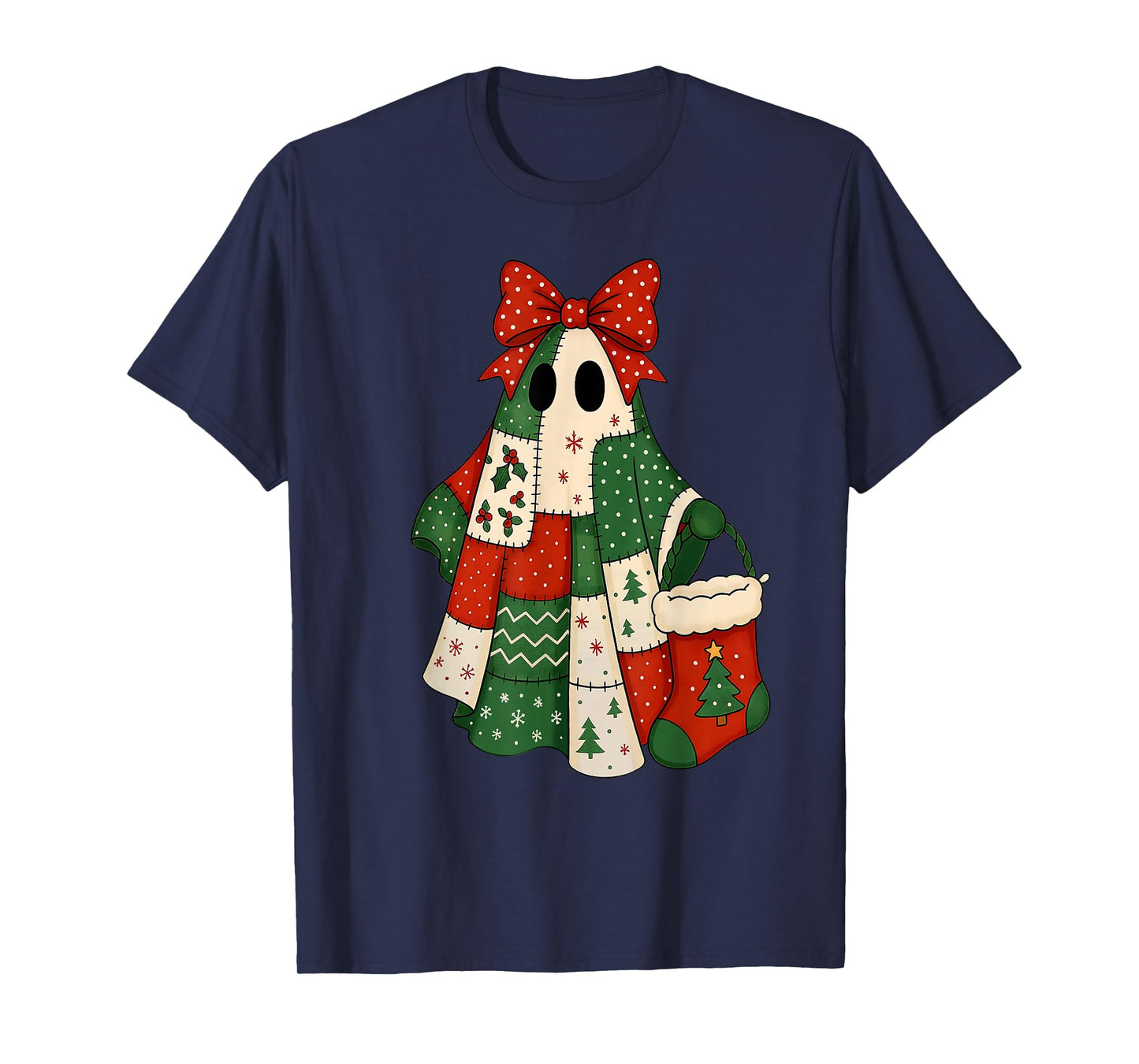 Retro Patchwork Christmas Ghost Coquette Bow X-mas Holiday T-Shirt