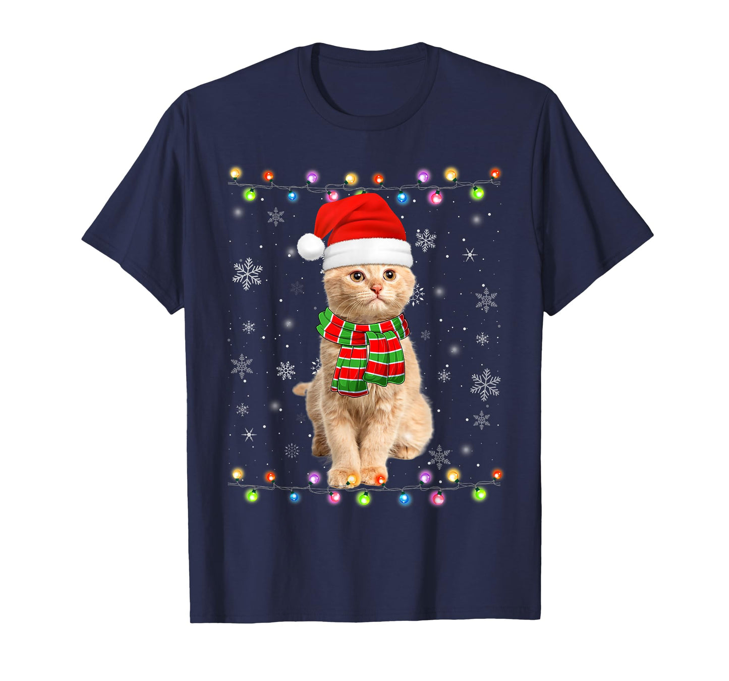 Cat Christmas Lights Santa Hat Funny Meowy Cat Xmas T-Shirt