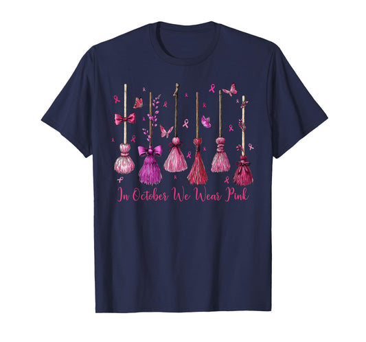 in October We Wear Pink Witch Broom Halloween Breast Cancer T-Shirt