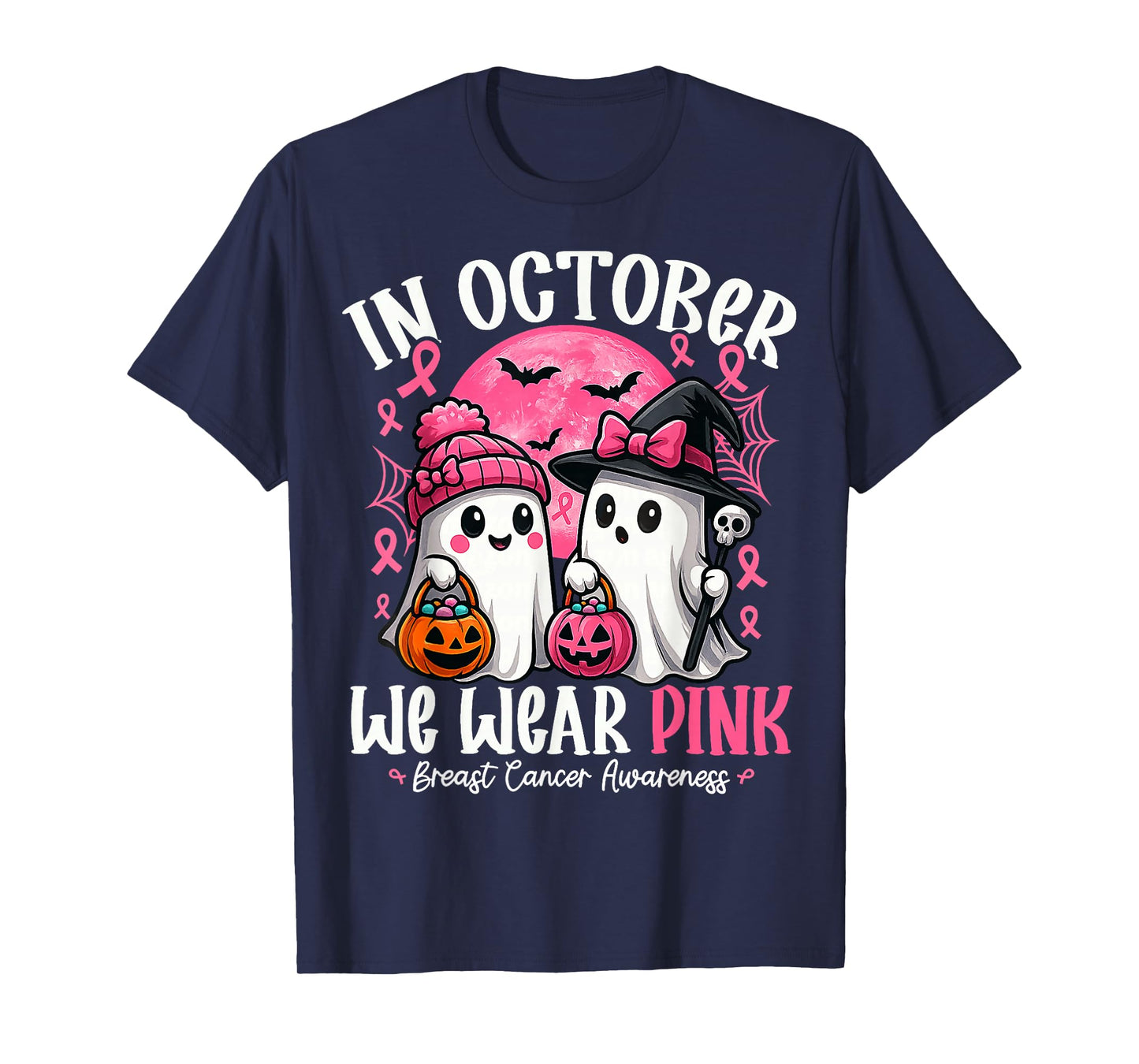 in October We Wear Pink Ghost Witch Breast Cancer Awareness T-Shirt