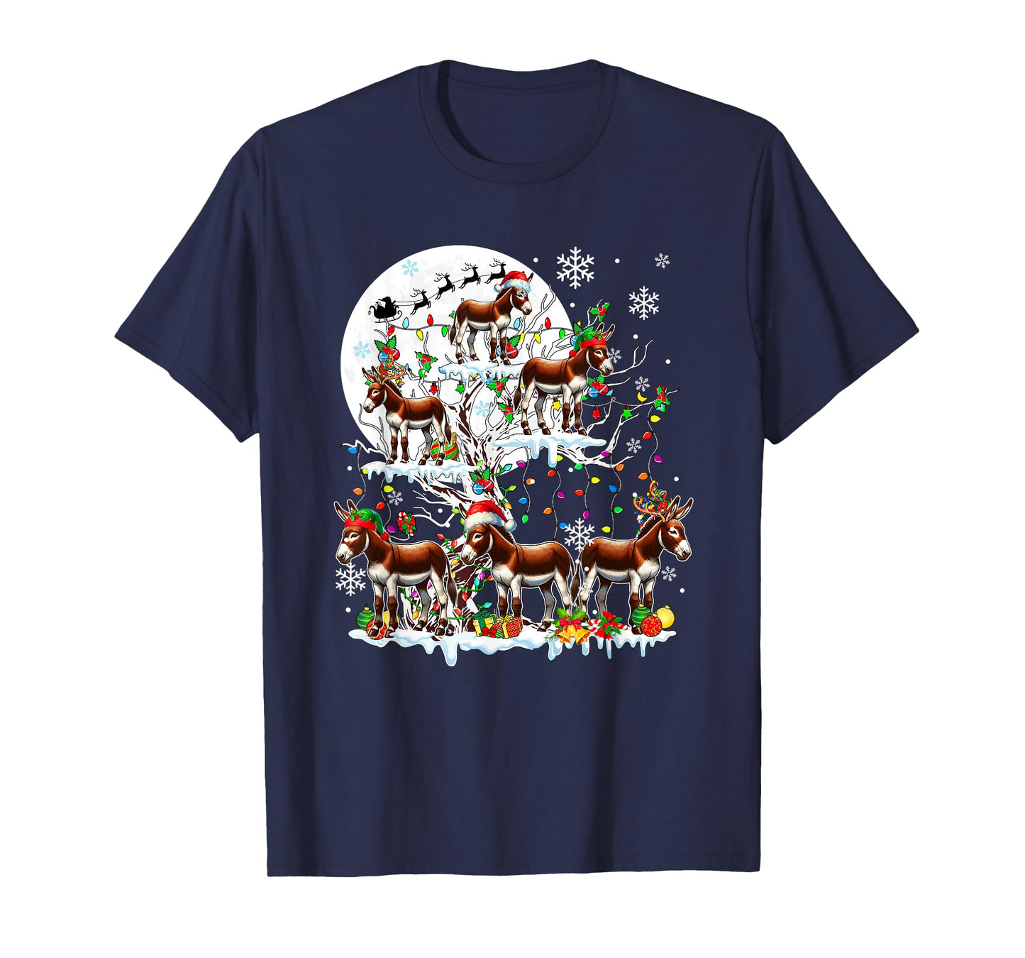 Group Santa Reindeer Elf Donkeys On Tree Christmas Snow T-Shirt