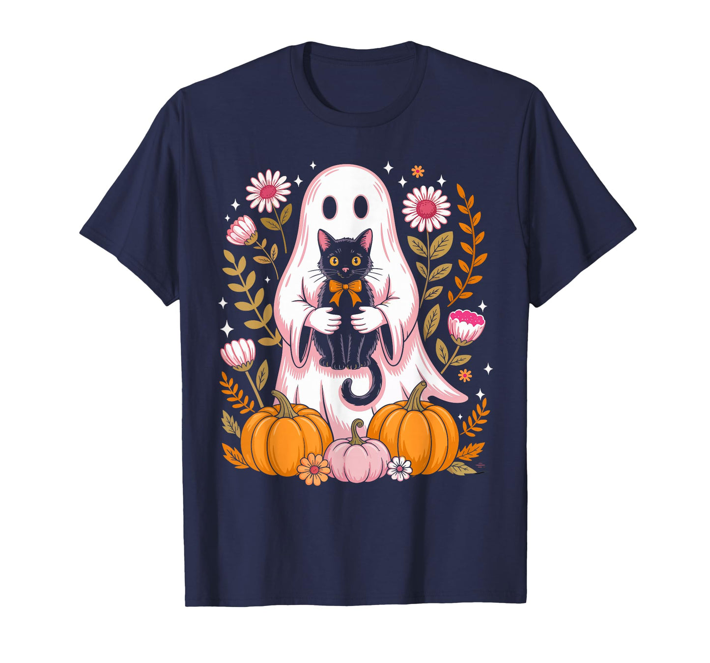 Cute Halloween Ghost Holding Black Cat Vintage Groovy Floral T-Shirt