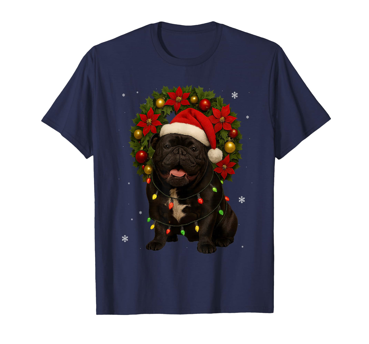 Cute English Bulldog Festive Wreath Christmas Dog T-Shirt