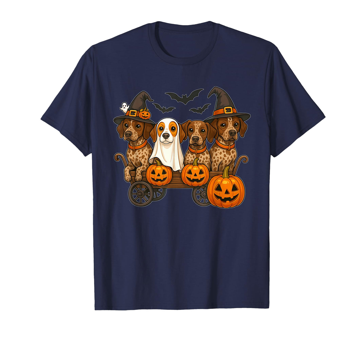 Halloween Shorthaired Dogs Ghost Witch Pumpkins Wooden Wagon T-Shirt