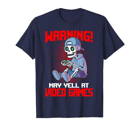 Funny Gaming Warning May Yell At Video Games Gamer Skeleton Gaming Video Games T-Shirt - Unisex, Black, Small, Short Sleeve, T-Shirt