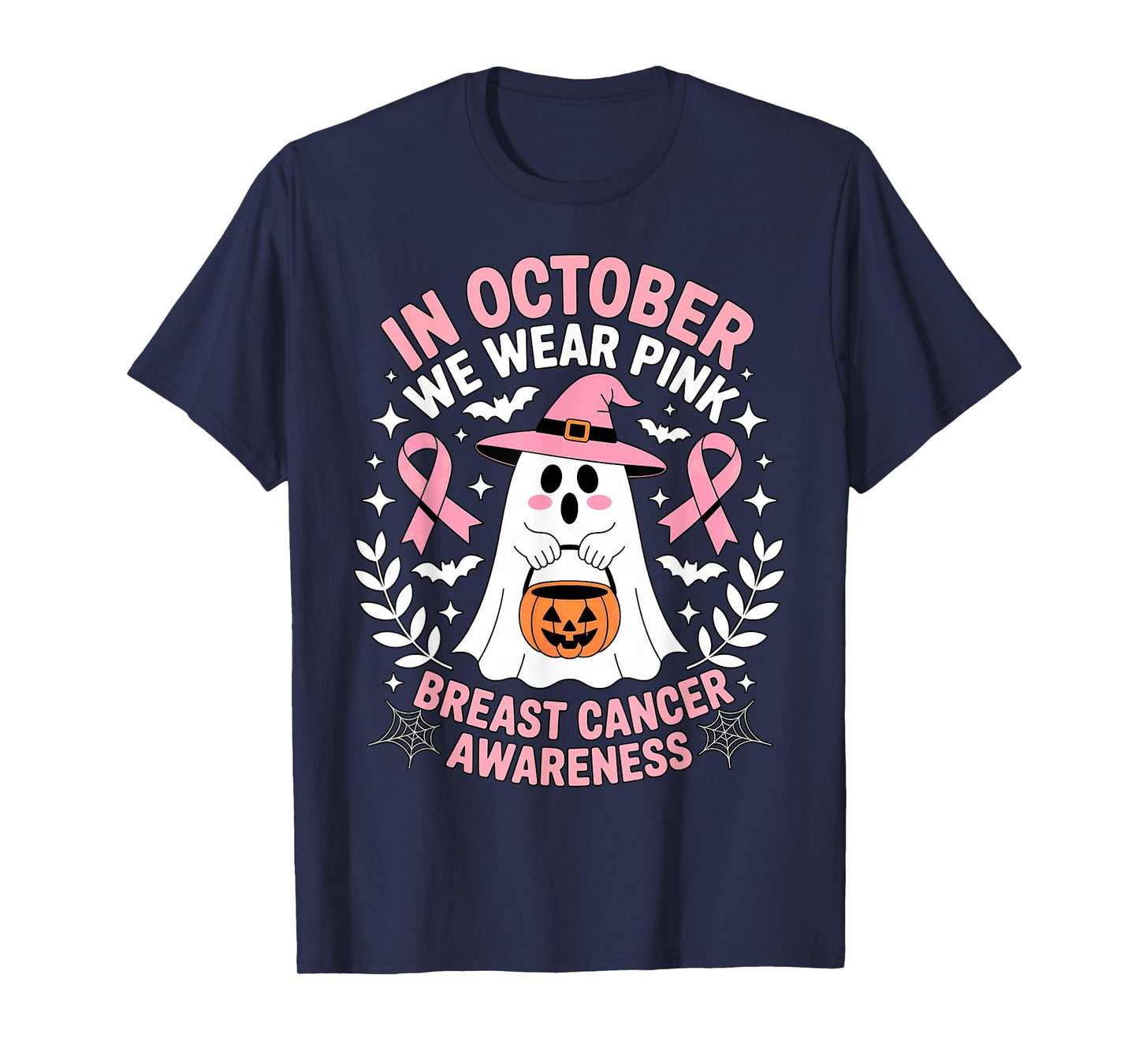 October Ghost Pink Witch Hat Breast Cancer Awareness T-Shirt