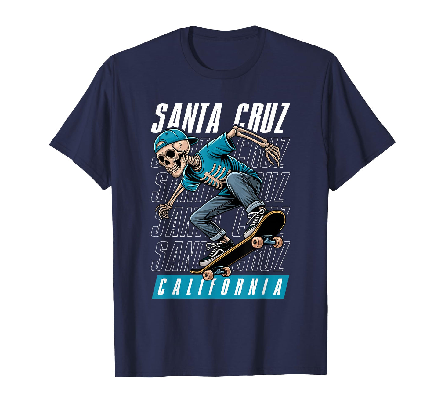 Santa Cruz California Tee, Skeleton in Hat Old School Skater T-Shirt
