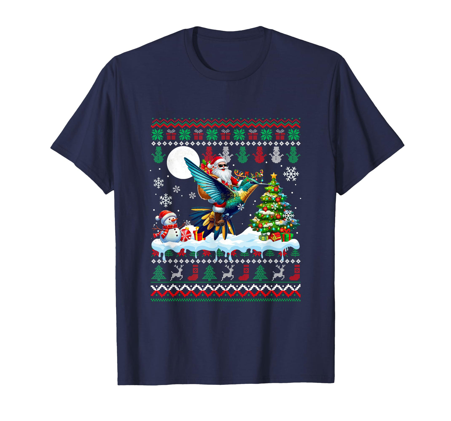 Santa Riding Reindeer Hummingbird Sweater Xmas Tree Snowman T-Shirt