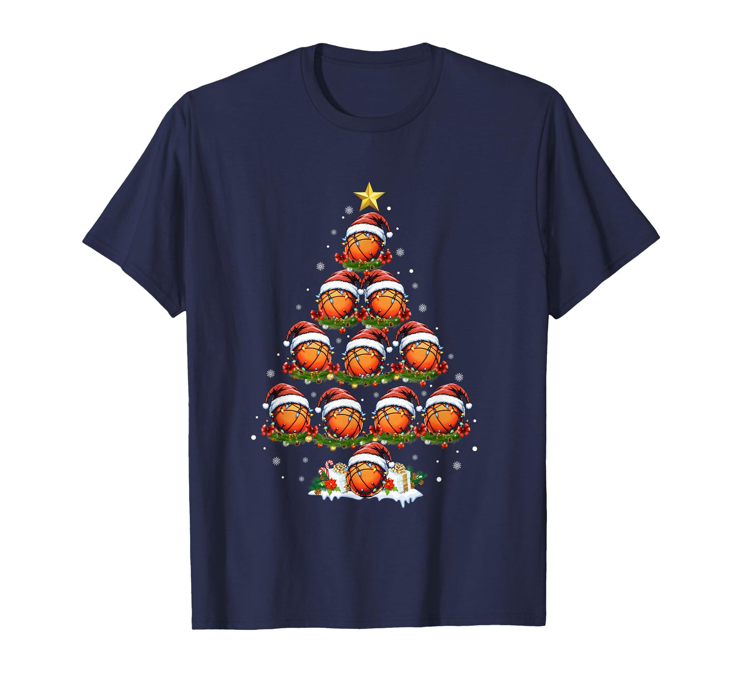 Basketball Christmas Tree Lights Men Boys Funny Xmas Pajamas T-Shirt