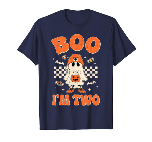 Boo I'm Two Years Old Birthday Kid Boy Retro Ghost Halloween T-Shirt