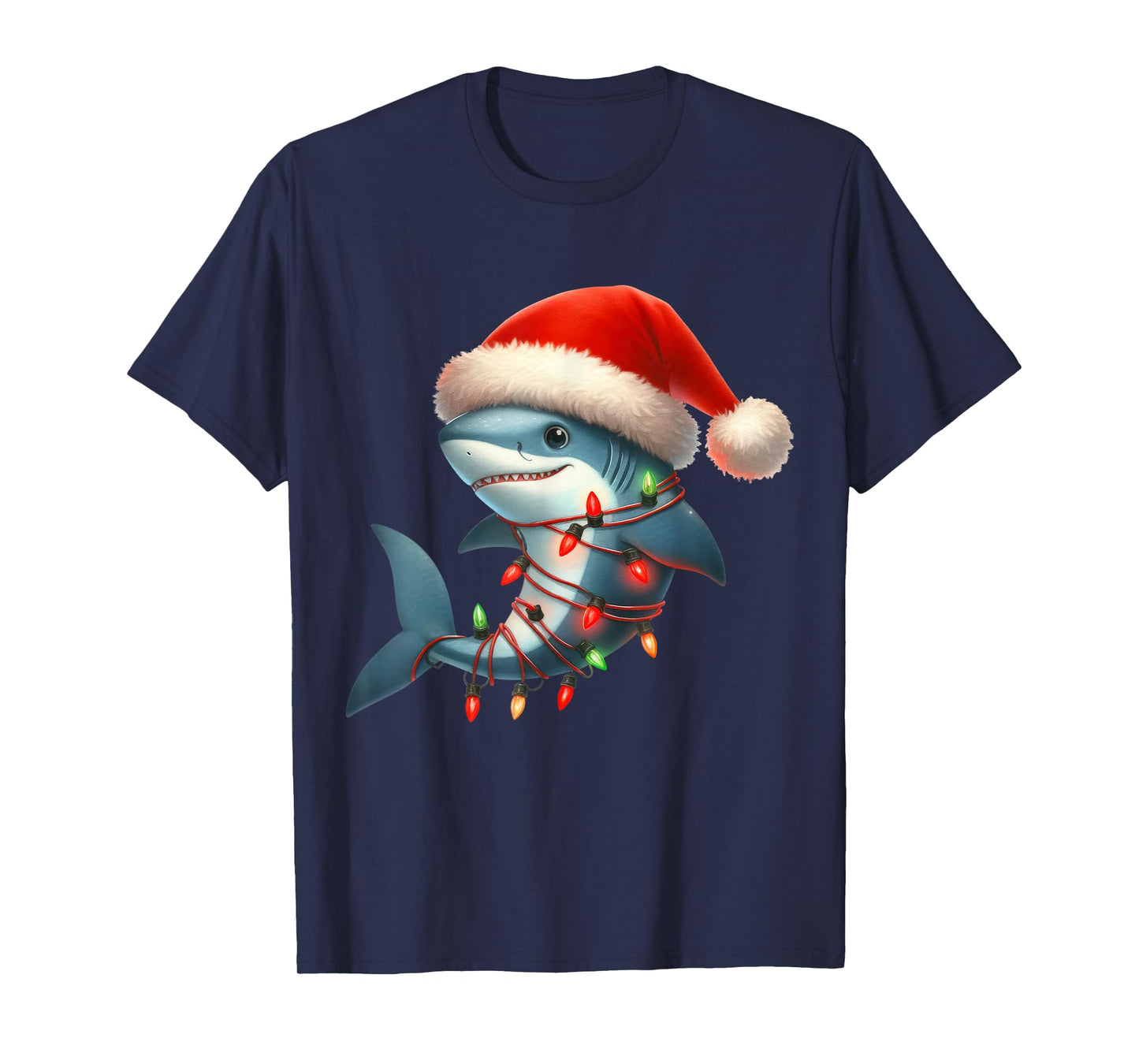 Shark Christmas Lights Funny Santa Hat Merry Xmas T-Shirt