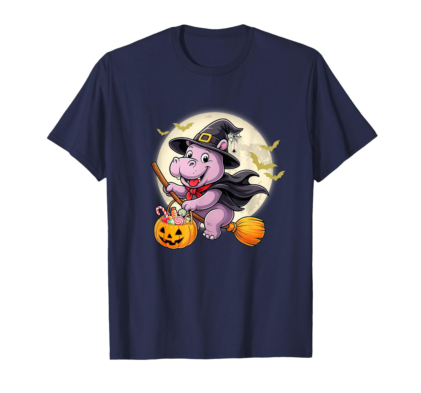 Hippo Witch Hat Riding Broom Halloween Funny Animal Lover T-Shirt
