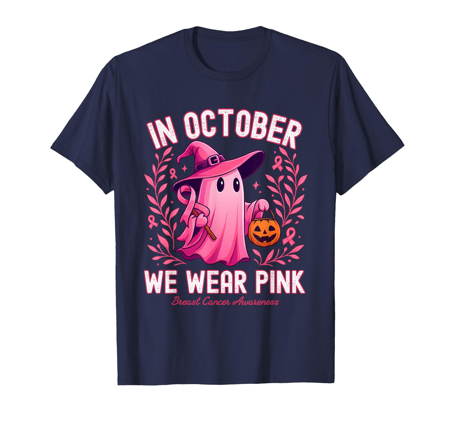 in October We Wear Pink Ghost Witch Design for Breast Cancer T-Shirt