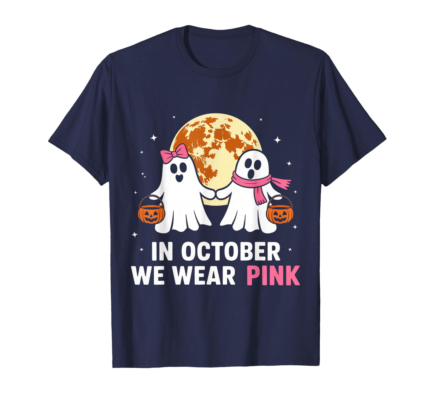 in October We Wear Pink Ghost Witch Breast Cancer Awareness T-Shirt