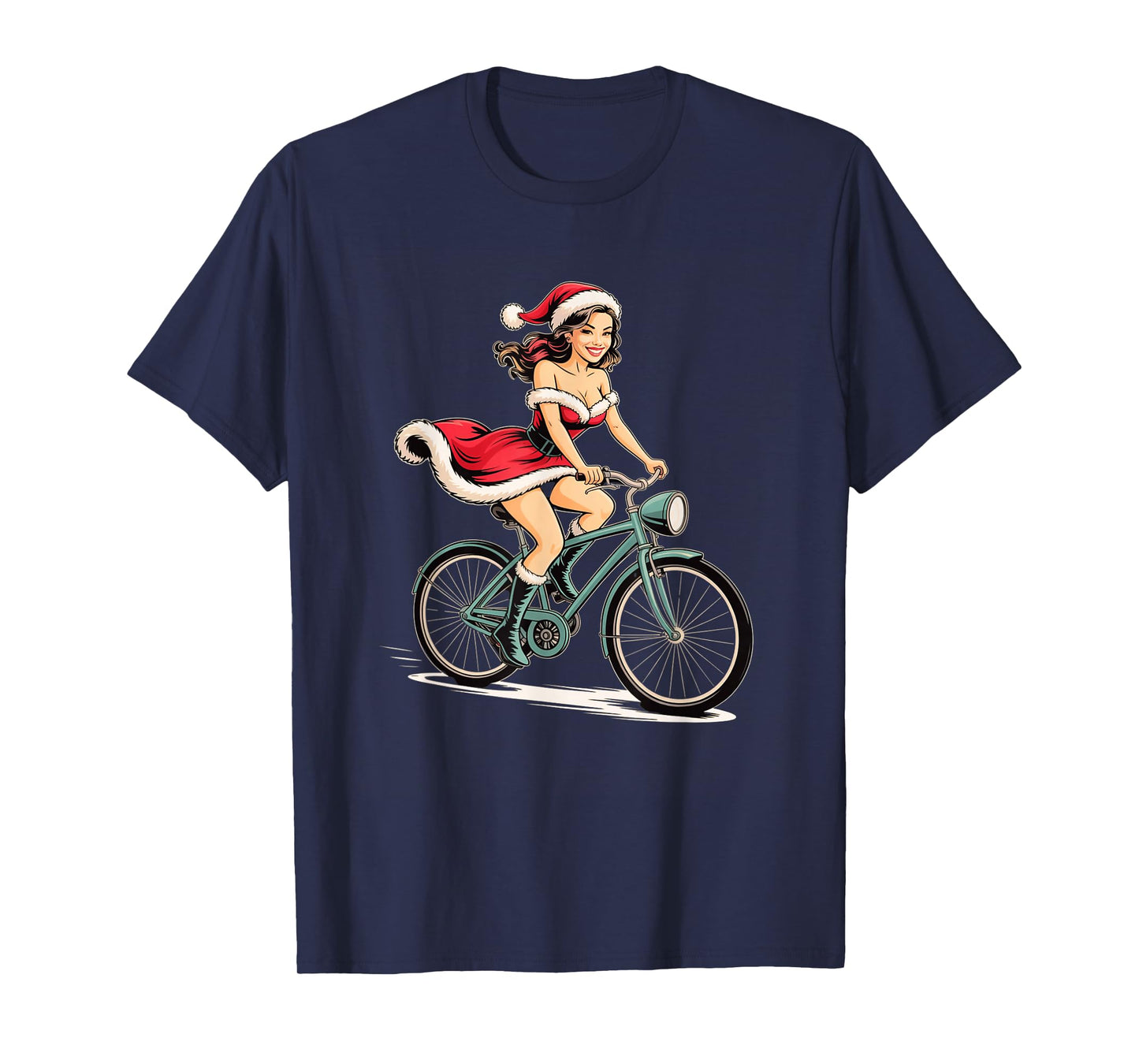 Pinup Christmas Santa Girl on Bicycle Vintage Retro Holiday T-Shirt