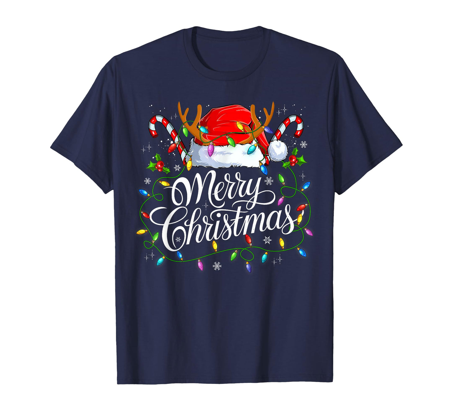 Merry Christmas Xmas Lights Santa Hat Candy Cane Holiday T-Shirt