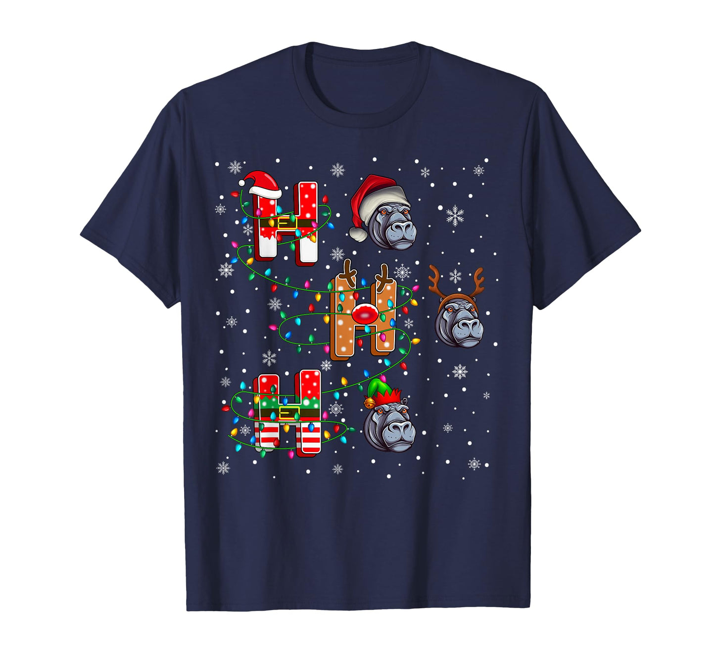 Ho Ho Ho Santa Reindeer Elf Hippopotamus Animal Christmas T-Shirt