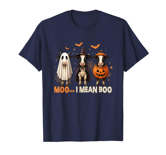 Funny Cow Ghost Witch Pumpkin Moo I Mean Boo Halloween T-Shirt
