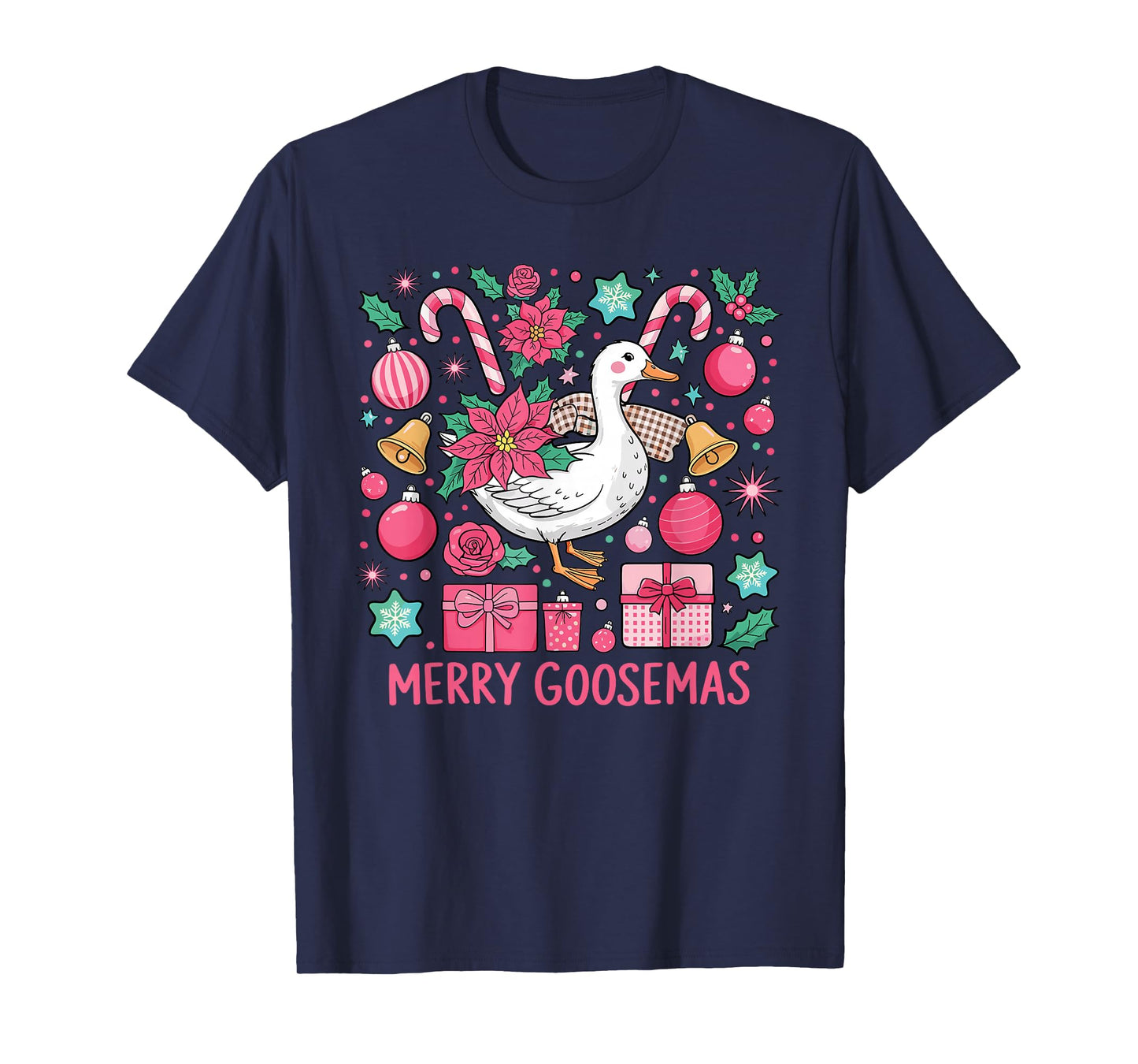 Merry Goosemas Pink Goose Santa Hat Lights Stars Christmas T-Shirt