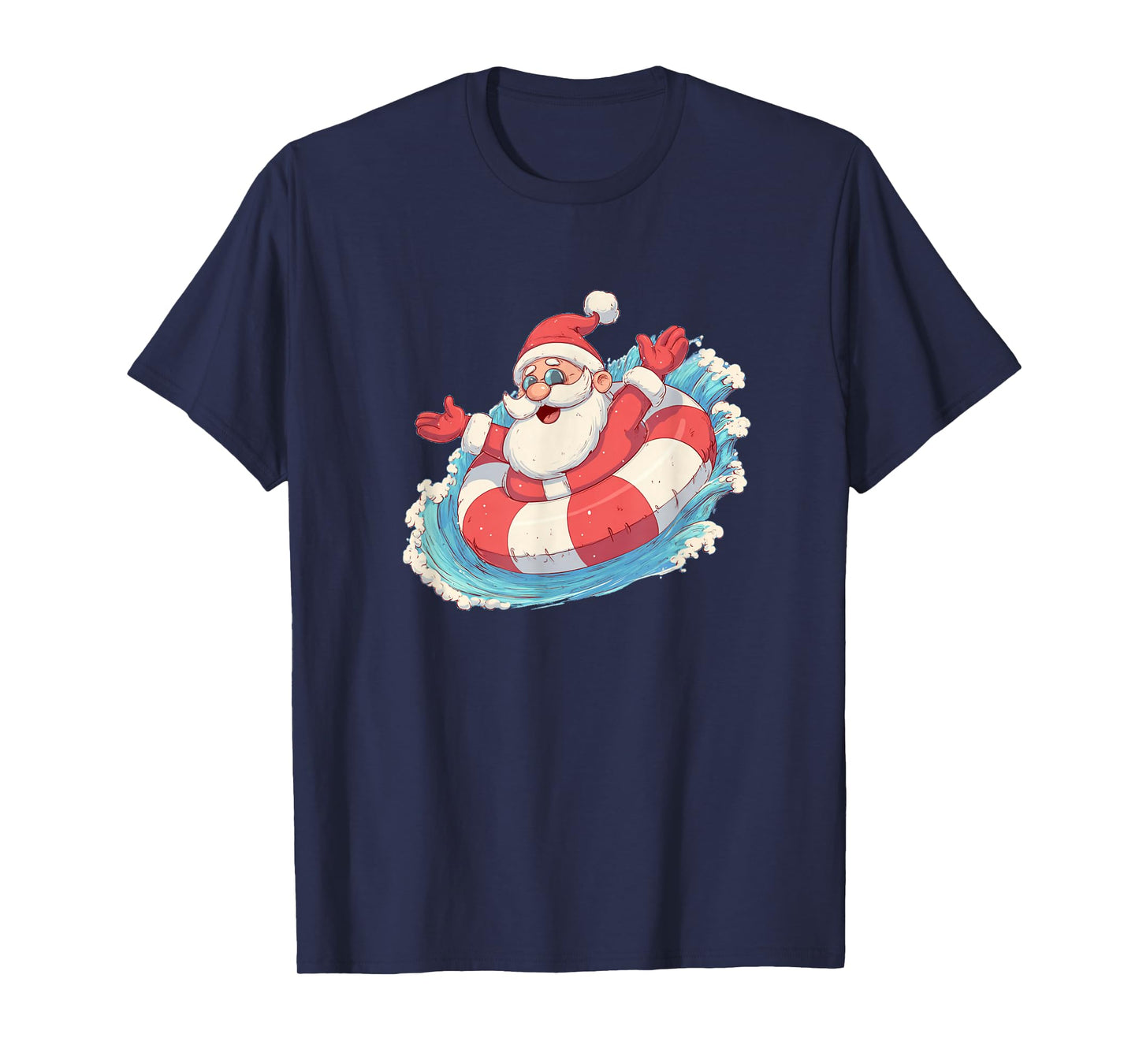 Great Festive Xmas Graphic with Excited Santa in Pool Ring T-Shirt
