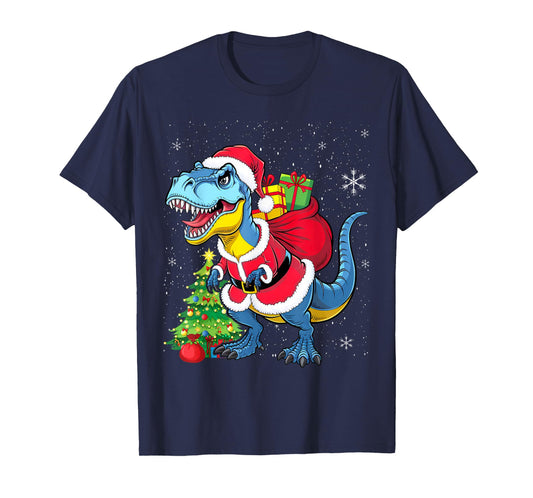 Dinosaur Christmas Santa Claus T-rex Boys Men Funny Xmas T-Shirt