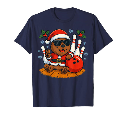 Cute Santa Capybara Bowling Christmas Funny Holiday Vibes T-Shirt